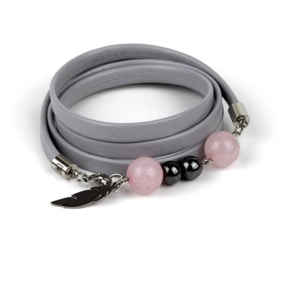 "Pink Queen" - Rose Quartz and Hematite Beaded Leather Wrap Bracelet