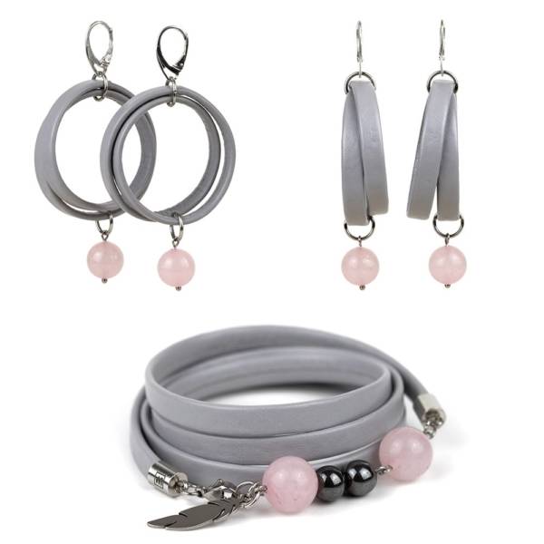 "Pink Queen Set" - Rose Quartz and Hematite Beaded Leather Wrap Bracelet and Earrings Set
