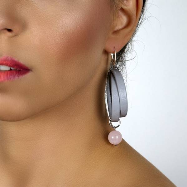 "Pink Queen" - Rose Quartz Leather Drop Earrings, 925 Sterling Silver Leverbacks