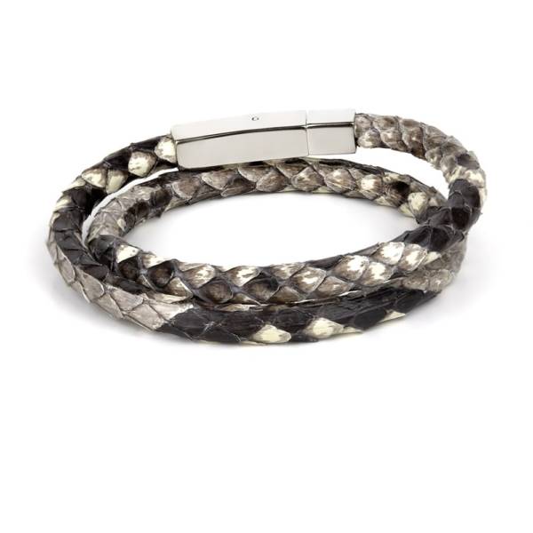 "Python Double" - Python Leather Bracelet, Snakeskin, Natural color, Double Wrap, Stainless Steel