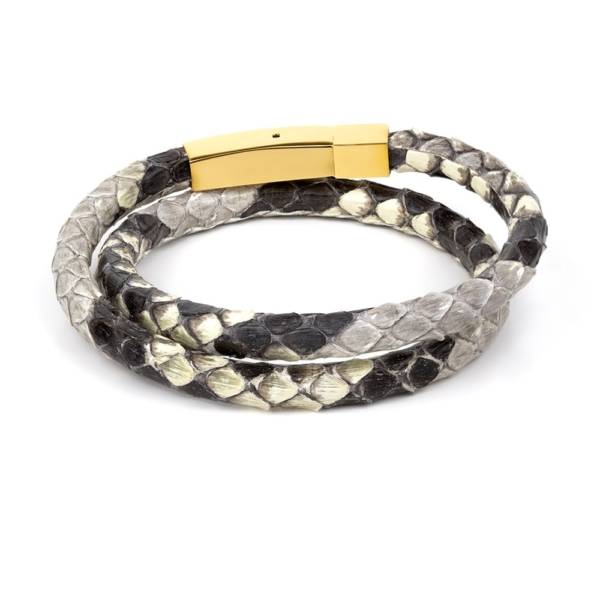 "Python Double" - Python Leather Bracelet, Snakeskin, Natural color, Double Wrap, Golden Stainless Steel