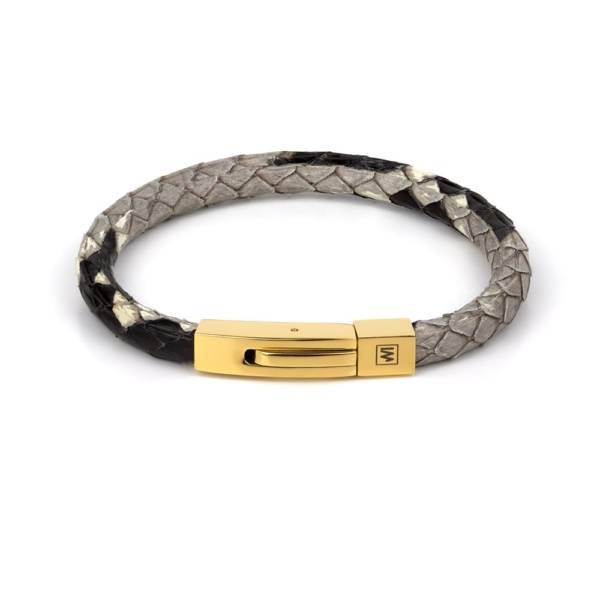 "Python" - Python Leather Bracelet, Snakeskin, Natural color, Single Wrap, Golden Stainless Steel