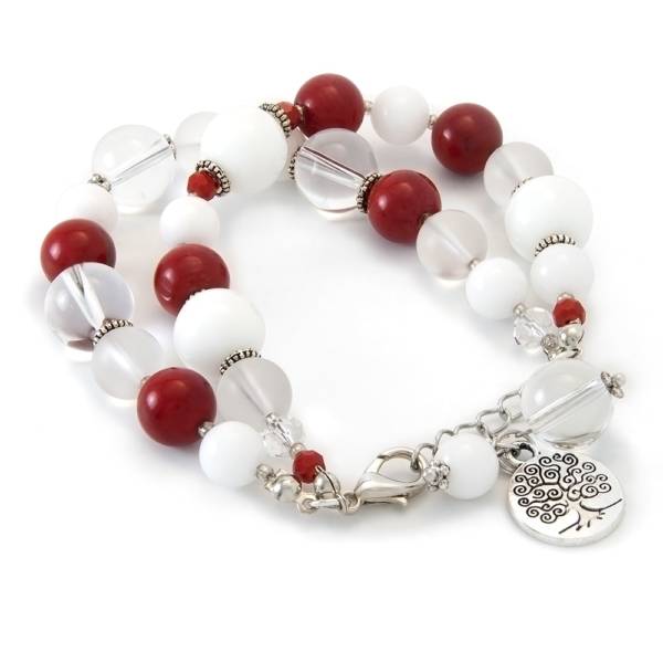 "Red Emotion" - White Jade, Red Coral and Clear Quartz Women's Beaded Bracelet