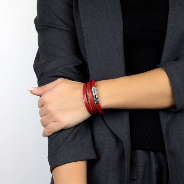 "Red Passion" - Leather Bracelet, Double Wrap Stainless Steel Clasp
