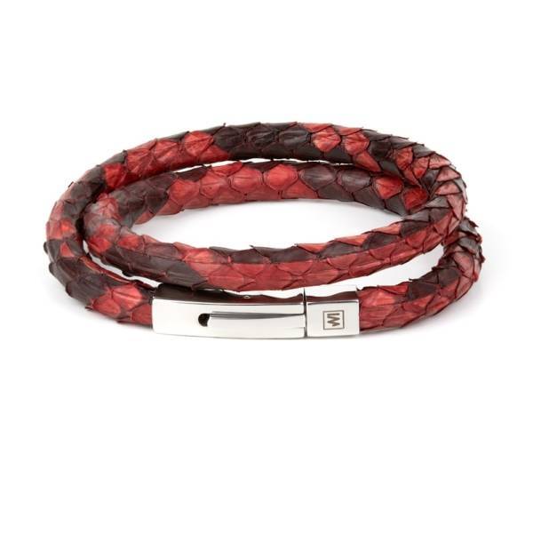 "Red Python Double" - Python Leather Bracelet, Snakeskin, Double Wrap, Stainless Steel