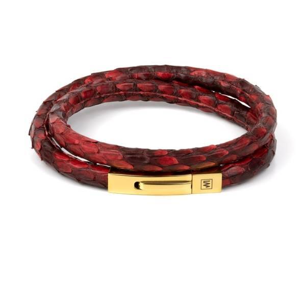 "Red Python Double" - Python Leather Bracelet, Snakeskin, Double Wrap, Golden Stainless Steel