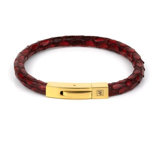 "Red Python" - Python Leather Bracelet, Snakeskin, Single Wrap, Golden Stainless Steel