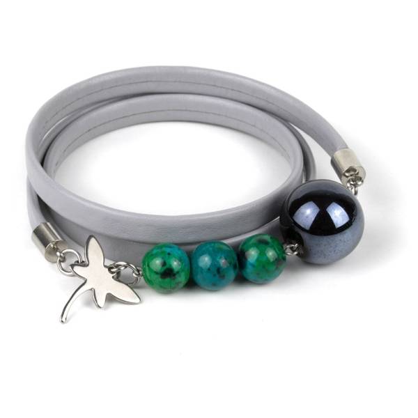 "Shallow Water" - Chrysocolla and Ceramic Beaded Leather Wrap Bracelet