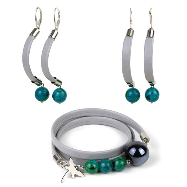 "Shallow Water Set" - Chrysocolla and Ceramic Beaded Leather Wrap Bracelet and Earrings Set