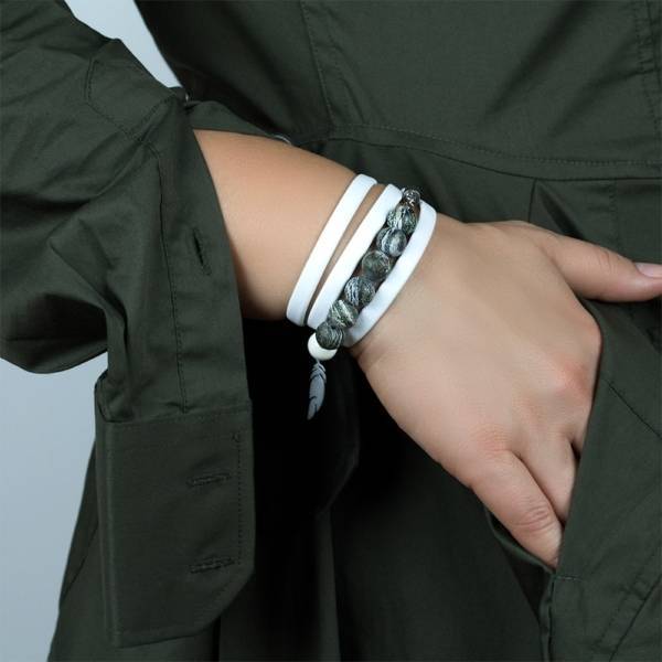 "Stunning Green" - Green Zebra Jasper and Ceramic Beaded Leather Wrap Bracelet