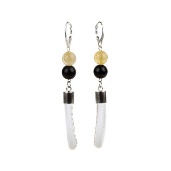 "Sunshine Prosperity" - Citrine and Shungite Leather Drop Earrings, 925 Sterling Silver Leverbacks