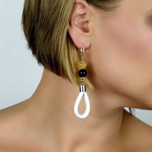 "Sunshine Prosperity" - Citrine and Shungite Leather Drop Earrings, 925 Sterling Silver Leverbacks