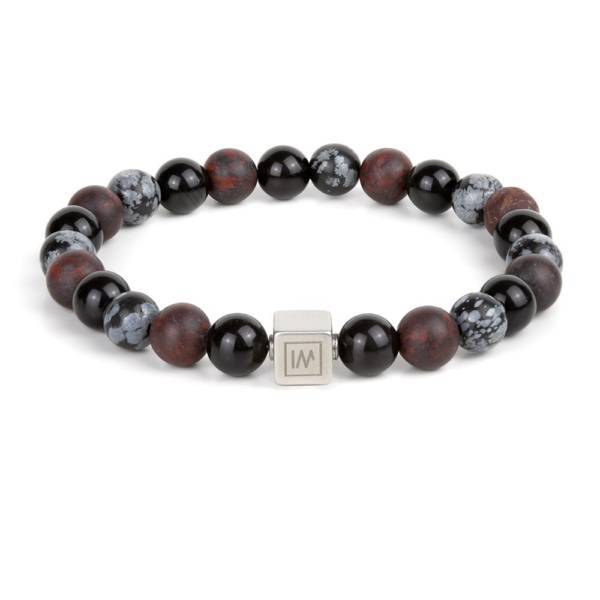 "Time For Action" - Brecciated Jasper, Black Obsidian and Snowflake Obsidian Beaded Bracelet, Stainless steel