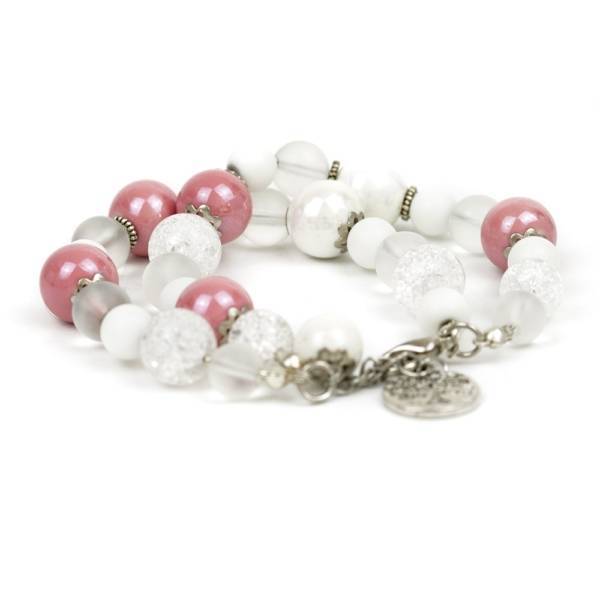 "White Pink" - White Onyx, Clear Quartz, and Ceramic Women's Beaded Bracelet