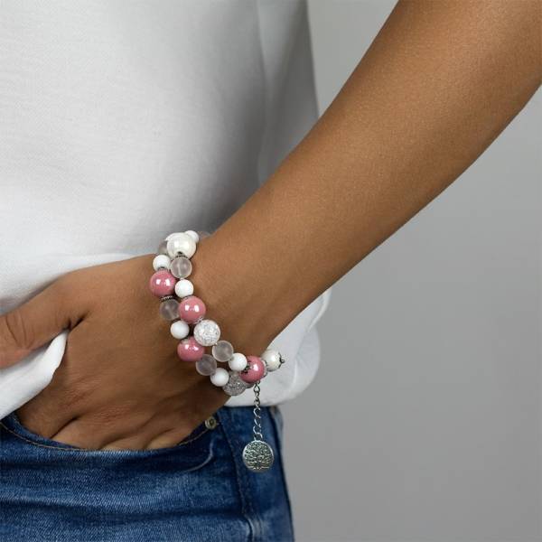 "White Pink" - White Onyx, Clear Quartz, and Ceramic Women's Beaded Bracelet