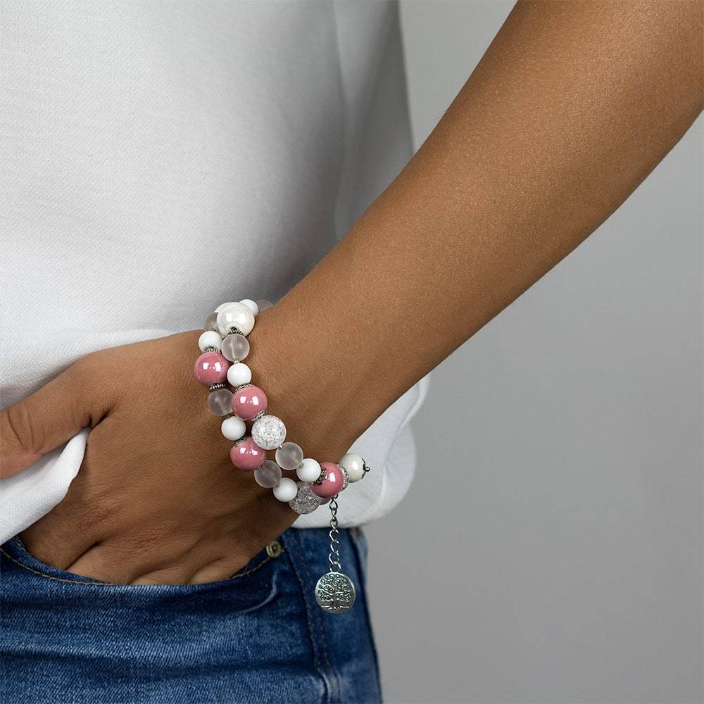 White Pink • Beaded Bracelet | INMIND Handcrafted Jewellery White Onyx, Clear Quartz, and Ceramic Women's Beaded Bracelet