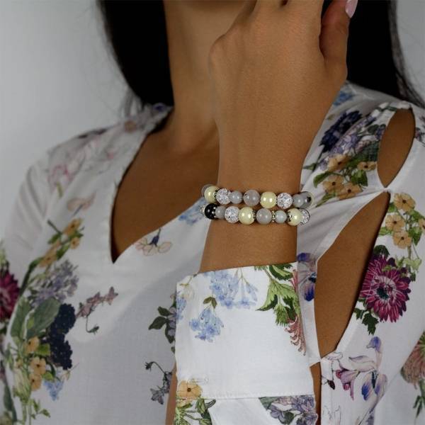 "Yellow Harmony" - Grey Jade, Tourmaline Quartz, Clear Quartz and Ceramic Women's Beaded Bracelet