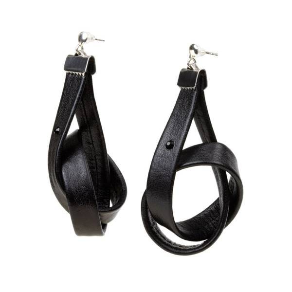 "Less Is More" - Leather Drop Earrings with Swarovski Crystal, 925 Sterling Silver Ear Pins