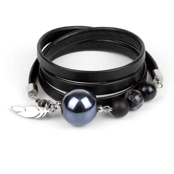 "Midnight Secret" - Tourmaline Quartz, Black Agate and Ceramic Beaded Leather Wrap Bracelet