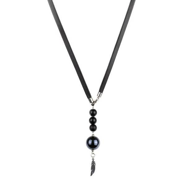 "Midnight Secret" - Tourmaline Quartz, Black Agate and Ceramic Beaded Leather Wrap Bracelet as Necklace