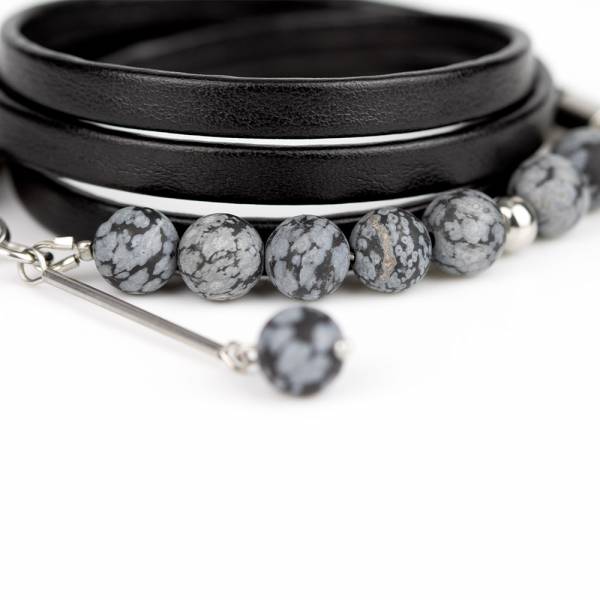 "Snowfall Grace" - Snowflake Obsidian Beaded Leather Wrap Bracelet