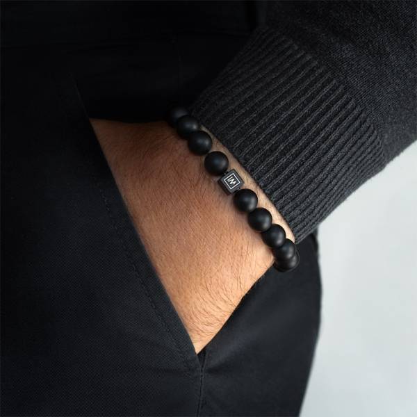 "Stormchaser" - Black Agate 8mm or 10mm Beaded Stretch Bracelet, Stainless Steel