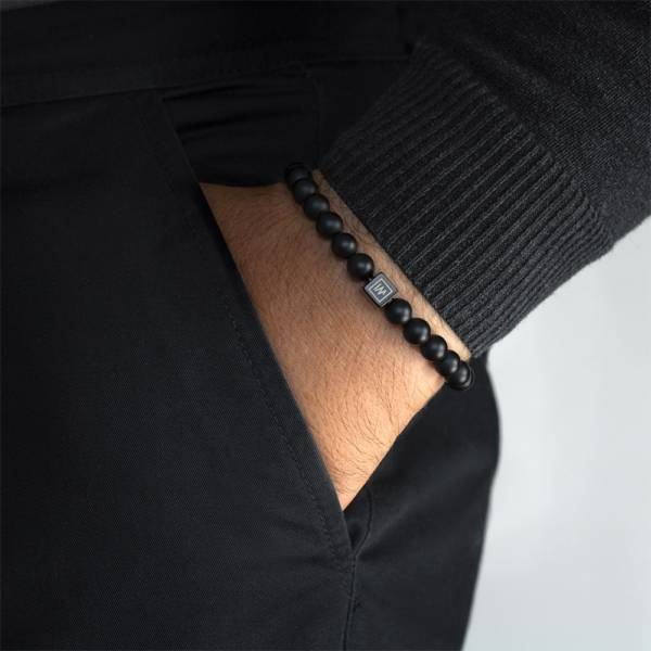 "Stormchaser" - Black Agate 8mm or 10mm Beaded Stretch Bracelet, Stainless Steel