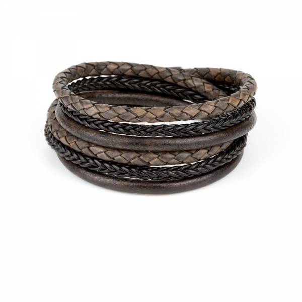 "TwoSix Antique Black" - Antique Black and Black Braided Leather Bracelet, Double Wrap, Six Layers, Stainless Steel