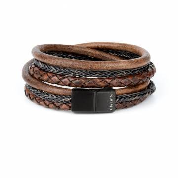 "TwoSix Antique Brown" - Antique Brown and Black Braided Leather Bracelet, Double Wrap, Six Layers, Stainless Steel