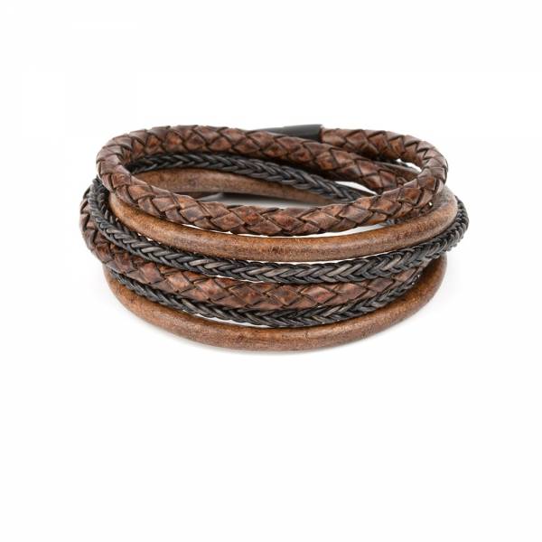 "TwoSix Antique Brown" - Antique Brown and Black Braided Leather Bracelet, Double Wrap, Six Layers, Stainless Steel