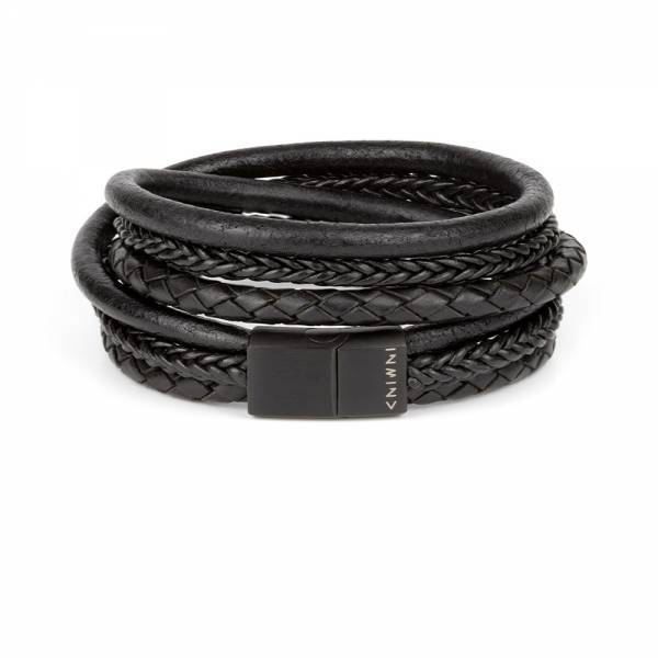 "TwoSix Black" - Black Braided Leather Bracelet, Double Wrap, Six Layers, Stainless Steel