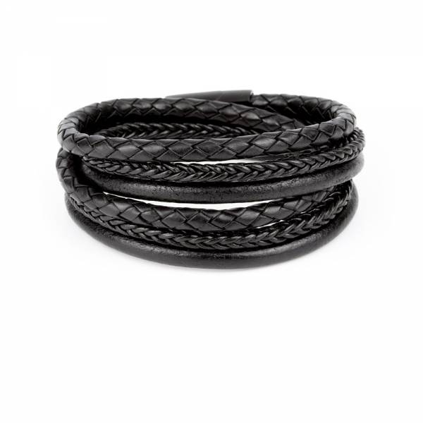 "TwoSix Black" - Black Braided Leather Bracelet, Double Wrap, Six Layers, Stainless Steel