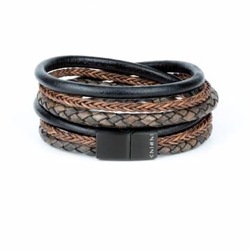 "TwoSix Charcoal" - Black, Antique Black and Brown Braided Leather Bracelet, Double Wrap, Six Layers, Stainless Steel