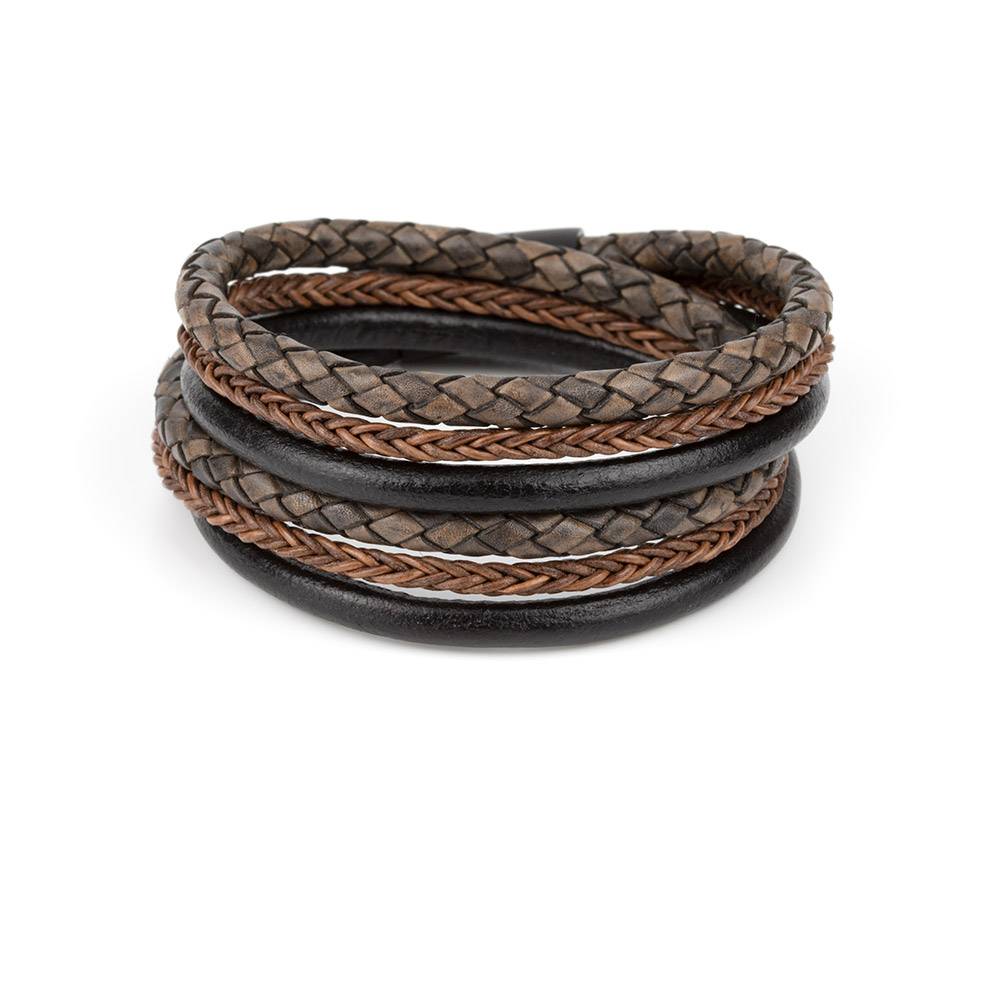 Mens Braided Leather Bolo Cord Bracelet - Antique Brown 4 Wrap