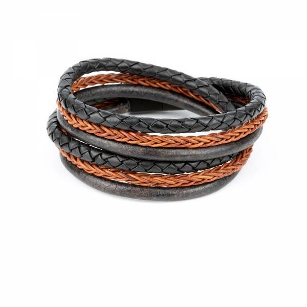 "TwoSix Chestnut" - Antique Black and Light Brown Braided Leather Bracelet, Double Wrap, Six Layers, Stainless Steel