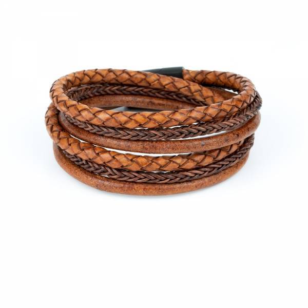 "TwoSix Coconut" - Antique Light Brown and Cognac Braided Leather Bracelet, Double Wrap, Six Layers, Stainless Steel