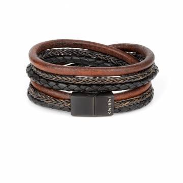 "TwoSix Dark Lava" - Antique Cognac, Black and Antique Black Braided Leather Bracelet, Double Wrap, Six Layers, Stainless Steel