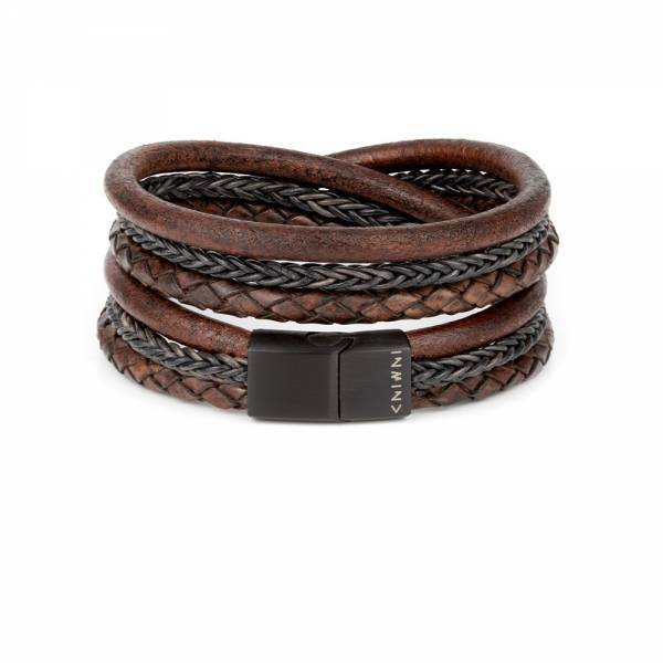 "TwoSix Dark Sienna" - Antique Cognac and Black Braided Leather Bracelet, Double Wrap, Six Layers, Stainless Steel