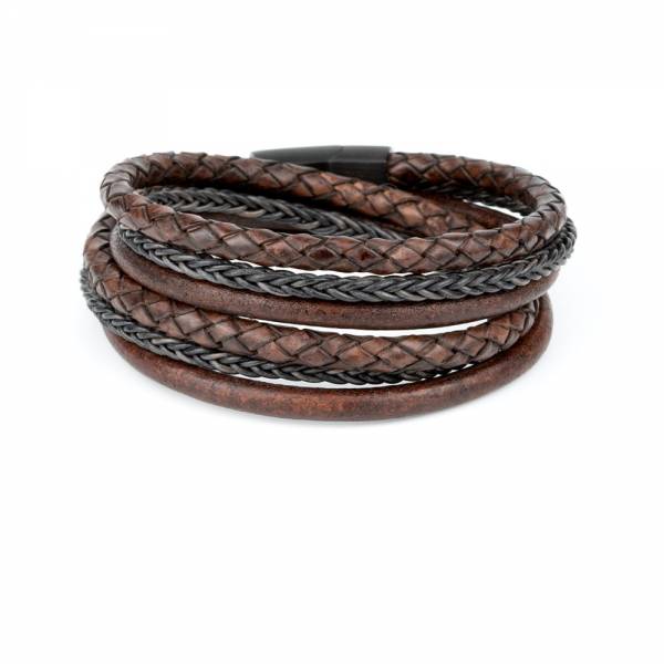 "TwoSix Dark Sienna" - Antique Cognac and Black Braided Leather Bracelet, Double Wrap, Six Layers, Stainless Steel