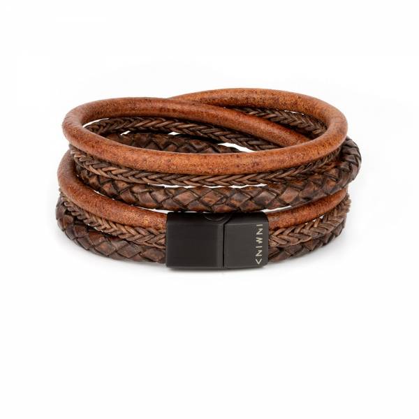 "TwoSix Russet" - Antique Light Brown and Brown Braided Leather Bracelet, Double Wrap, Six Layers, Stainless Steel