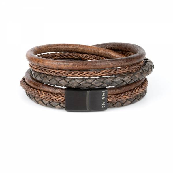 "TwoSix Umber" - Antique Black and Brown Braided Leather Bracelet, Double Wrap, Six Layers, Stainless Steel