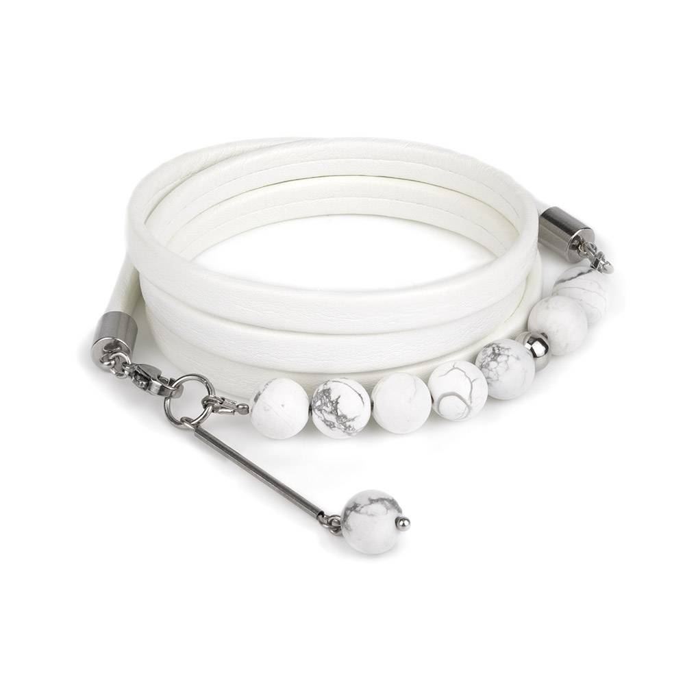 "White Serenity" - Howlite Beaded Leather Wrap Bracelet